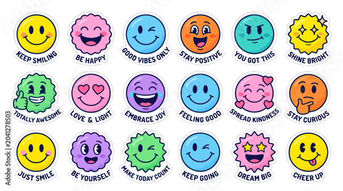 Fotografie Positive Vibes Smiley Face Stickers Set: Happiness, Joy, Good Vibes, Motivationa