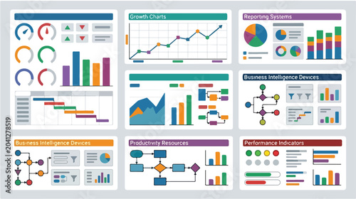 Collection of business intelligence and productivity graphics and charts for presentations