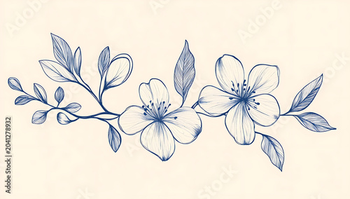 A horizontal botanical of a branch with two blooming flowers and various leaves, rendered in fine blue ink lines on a beige background