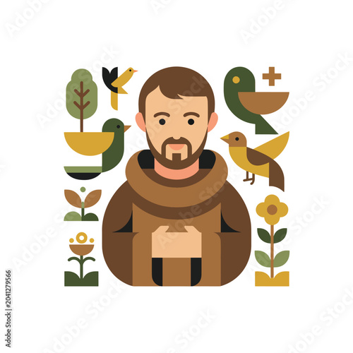 Quadro em tela Saint Francis of Assisi with birds, trees, and flowers in a flat geometric style