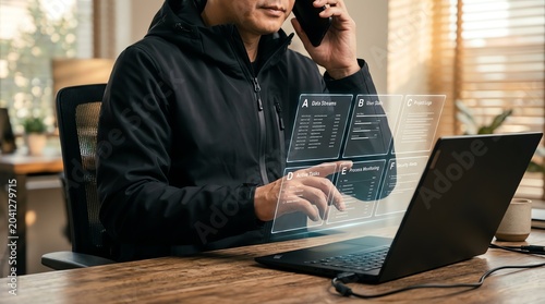 Man in hoodie using phone and holographic interface with laptop on desk