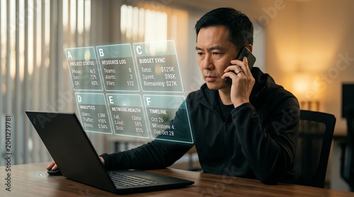 Man Using Futuristic Holographic Interface on Laptop with Phone Call