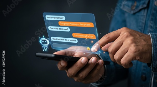 Man interacting with an AI chatbot on a smartphone, featuring a futuristic holographic augmented reality interface for seamless digital communication and smart assistance