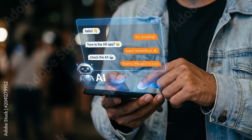 Man interacting with a futuristic AI chatbot on a transparent holographic smartphone, showcasing innovative technology and seamless digital communication