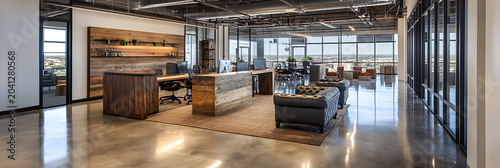 Open office layout with wooden reception desks, leather armchairs, polished concrete floors, and large windows looking out over a wide suburban landscape