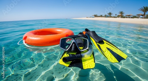 Tropical Vacation Snorkeling Gear and Orange Life Buoy Floating in Clear Crystal Blue Ocean Water on a Sandy Beach Shoreline
