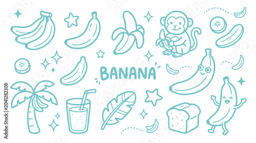 Canvas Print Cute Banana Illustrations and Elements Collection, Featuring a Monkey, Palm Tree, and Tropical Fruit Fun