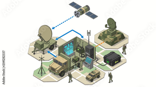 Isometric military communication network and tactical command center vector