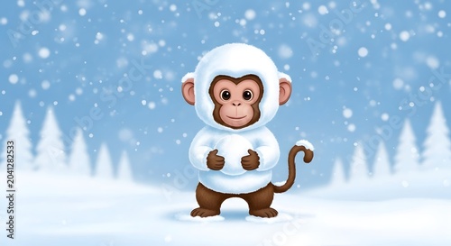 Adorable monkey dressed in a white hoodie, enjoying a snowy day with snow-covered trees in the background