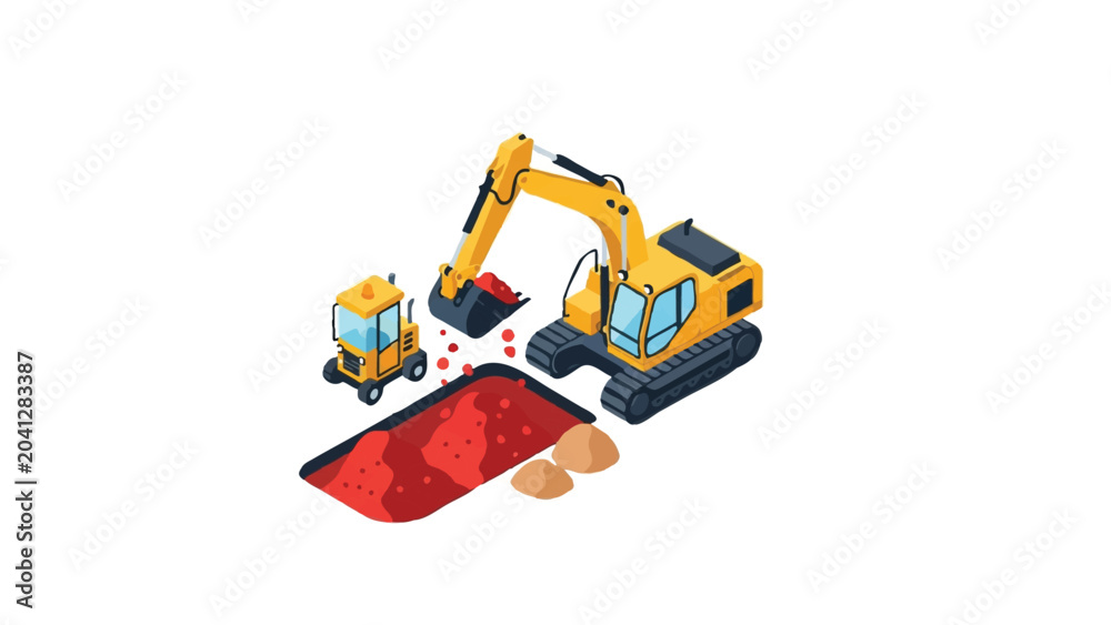 Naklejka premium Isometric Excavator and Construction Vehicle Working on Digging Site, Heavy Machinery Mining Illustration