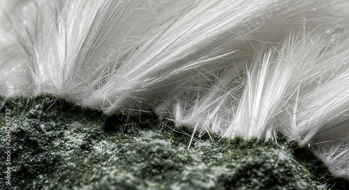 Macro view of raw chrysotile white asbestos fibers on mineral rock highlighting the hazardous material used in construction insulation and home remediation projects