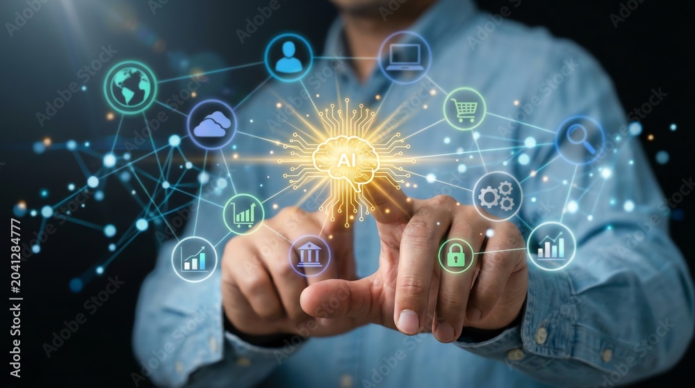Obraz premium Digital connections and technology integration concept, business man touching network cloud
