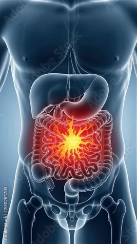 Human abdomen with glowing inflammation on small intestine. Clinical visualization of stomach pain and digestive tract discomfort. Medical 3D anatomical model study. Vertical video