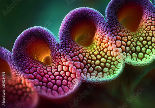 Macro view of a wavy biological structure with vibrant purple and green gradient colors and a textured surface covered in small circular bumps and ridges