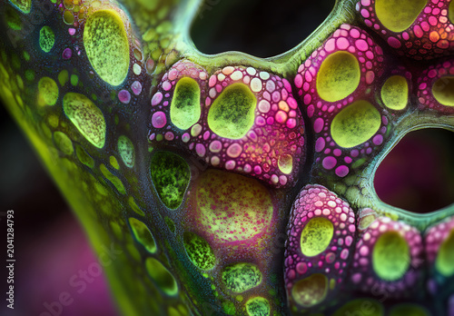Close up of a porous biological organism with vibrant purple and green cellular textures featuring deep circular holes and organic patterns in macro view