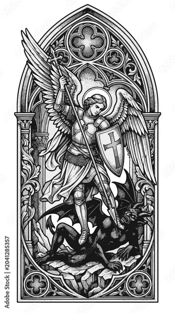 Obraz premium St Michael Slaying Dragon Gothic Arch Tattoo Design