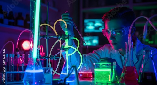 Scientist performs advanced experiments in a futuristic laboratory. Vibrant neon lights illuminate critical molecular research, leading to innovative health solutions and scientific breakthroughs