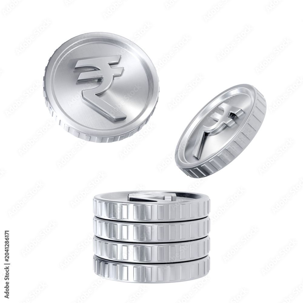 Naklejka premium 3D Silver Rupee Coins Falling into a Stack