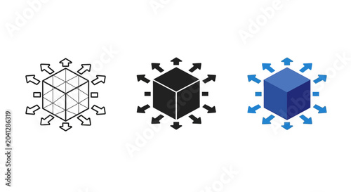 Foto Abstract digital icon of a cube with spreading arrows, symbolizing data expansio