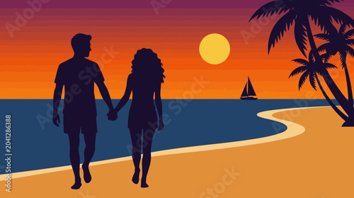 Foto Romantic Sunset Beach Walk Interracial Couple Silhouette