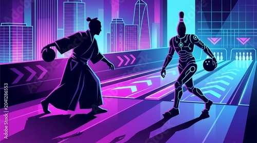 Futuristic Cyberpunk Bowling With Samurai And Robot Silhouettes
