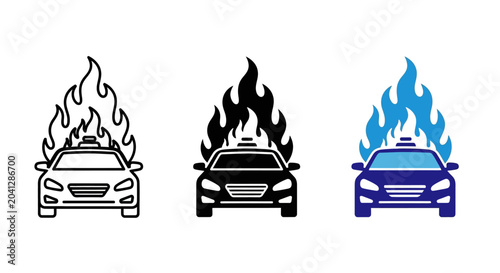 Bild auf Leinwand Multi-style vector icons showing a car on fire, symbolizing a burning vehicle, road accident, danger, or emergency