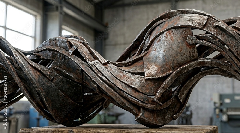 Fototapeta premium Abstract twisted metal sculpture with rust texture in a workshop setting