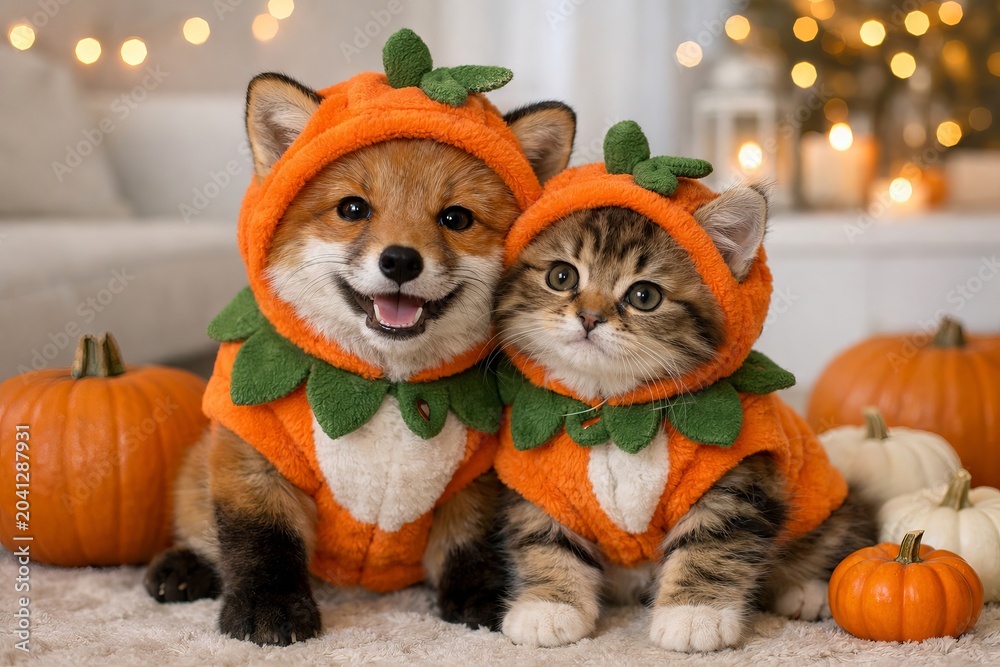 Obraz premium Fox cub and tabby kitten wearing pumpkin costumes for Halloween. Small animals dressed in cute outfits sitting with pumpkins. Autumn holiday celebration concept for seasonal photography