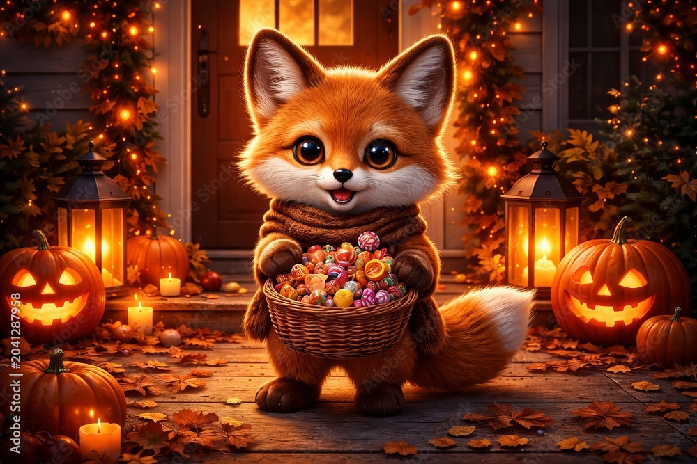 Obraz premium Cute fox character holding basket full of colorful candy for Halloween celebration. Adorable animal with pumpkins and glowing lanterns on wooden porch. Autumn festive holiday concept