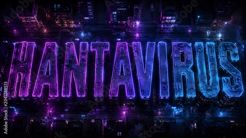 Vibrant neon letters glow over a dark, futuristic cityscape