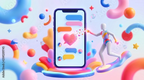 Abstract Communication Concept: A vibrant and colorful 3D illustration depicting a person riding a surfboard, interacting with a smartphone displaying a chat interface with hearts.