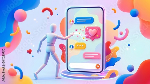 Digital Love Connection: A stylized mannequin interacts with a smartphone displaying a vibrant chat interface, featuring heart icons and playful message bubbles, set against an abstract.