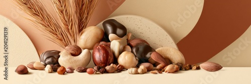 An arrangement of different protein snacks set on a warm neutral backdrop showing various shapes and textures with considerable empty space around