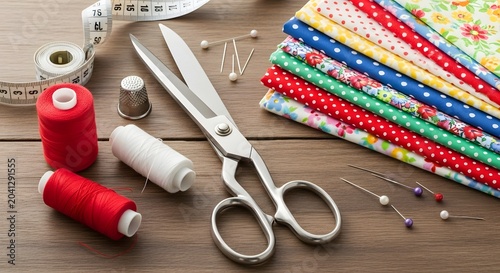 A collection of sewing supplies, including colorful fabric scraps, scissors, thread spools, and needles, arranged on a wooden surface