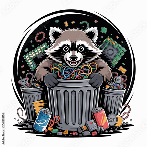 Tableau sur toile Raccoon in trash can with cables.