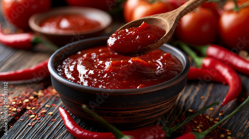 Wooden Spoon Lifting Spicy Chili Sauce from Bowl with Red Peppers