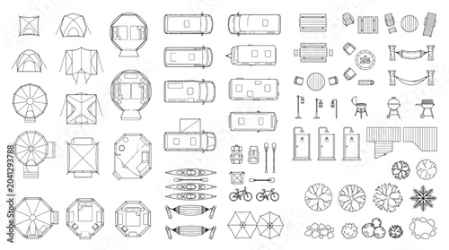 Foto Top-Down Architectural CAD Icons for Camping, Glamping, and Outdoor Recreation P