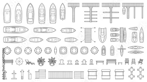 Cuadro en lienzo Vector CAD icons for boats, docks, and marina elements, perfect for architectura
