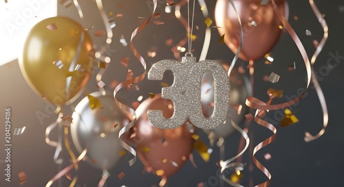 Glittering silver number 30 surrounded by metallic balloons, confetti, and streamers, celebrating a thirtieth birthday or anniversary.