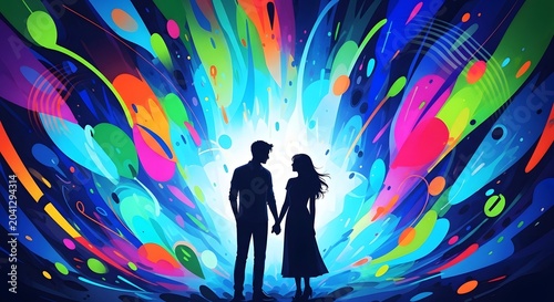 A Couple's Silhouette Stands Together Against a Vibrant, Colorful Explosion of Abstract Art and Light