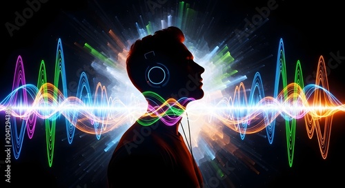 Dynamic sound waves emanating from a person wearing headphones, representing the power and visual representation of audio and music