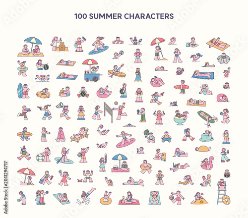 Mega summer character collection featuring 100 beach activities, swimming, surfing, relaxation, travel and vacation lifestyle icons.