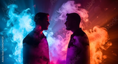 Two men in silhouette face each other, enveloped by dramatic contrasting plumes of vibrant blue and orange smoke, symbolizing themes of duality, tension, and human connection