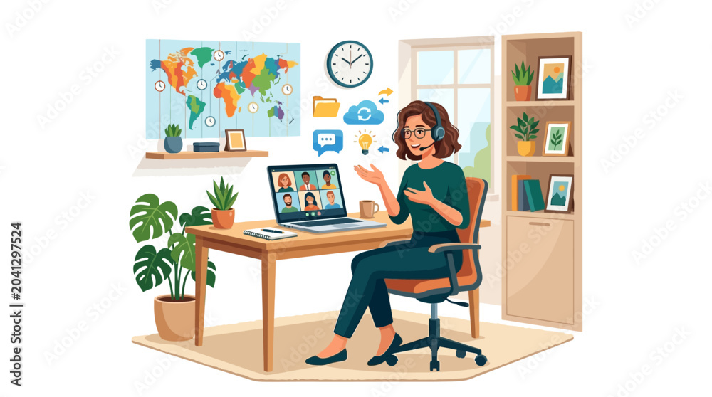 Fototapeta premium Business Woman Working from Home Hosting Global Video Conference Meeting, Remote Work and Online Collaboration Concept Illustration