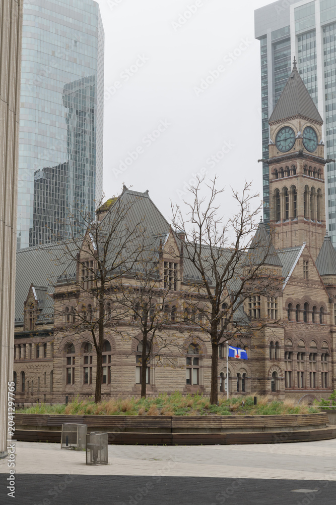 Naklejka premium Podium Roof Flagpole (or Courtesy Flagpole) located at edge of the elevated podium roof at Toronto City Hall, 100 Queen St W (with view of green roof, Old City Hall)