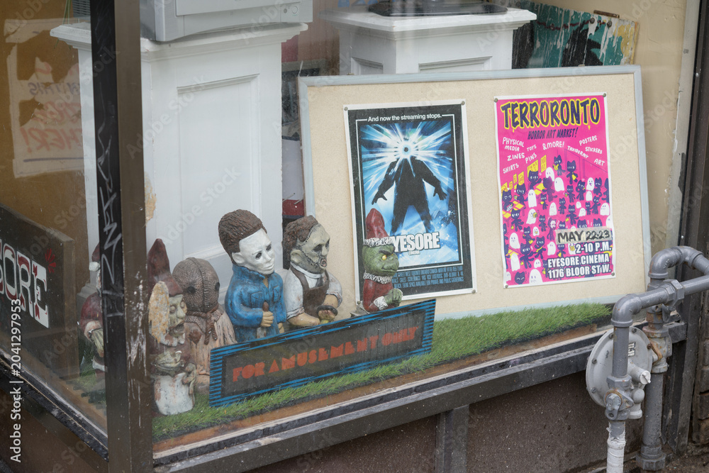 Naklejka premium exterior building and display window of Eyesore Cinema, a video store, located at 1176 Bloor St W, Toronto