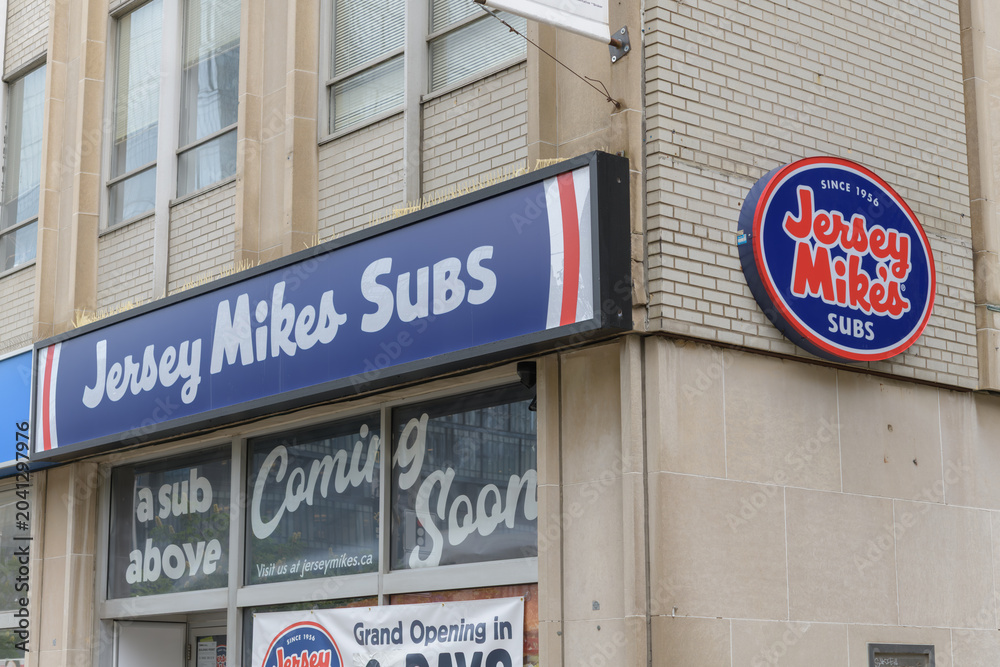 Naklejka premium Coming Soon signs at Jersey Mike's Subs, a sandwich shop chain, located here at 425 University Av, Toronto
