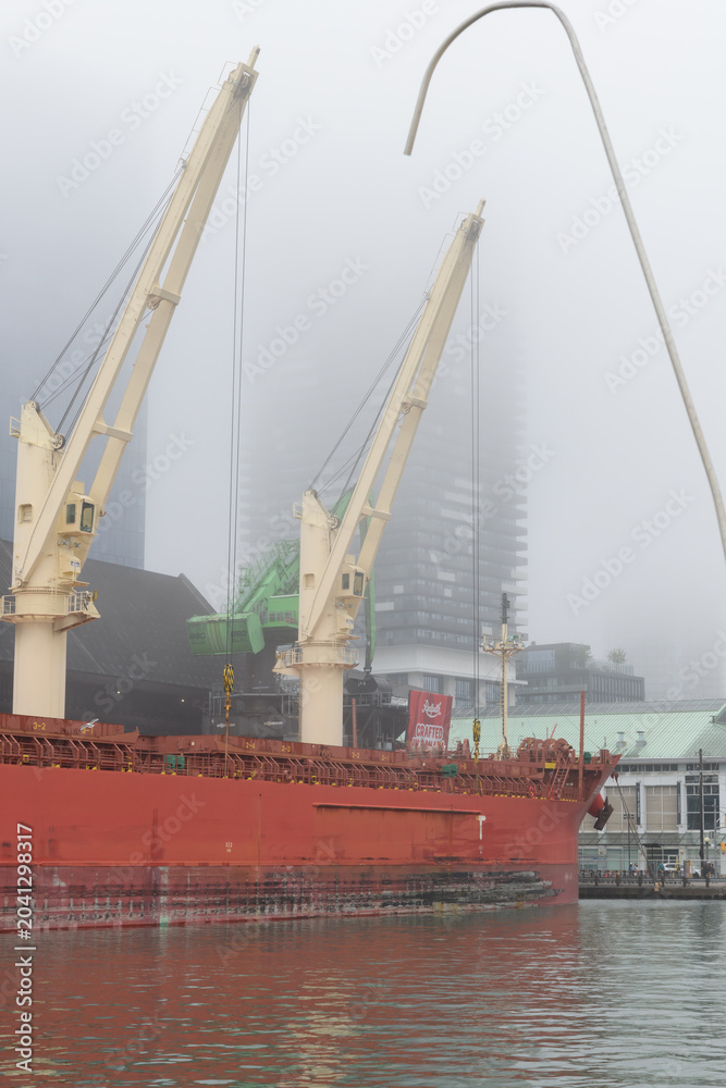 Naklejka premium The Federal Thunder Bay, a modern bulk carrier ship, docked at the Redpath Sugar Refinery in Toronto - cranes