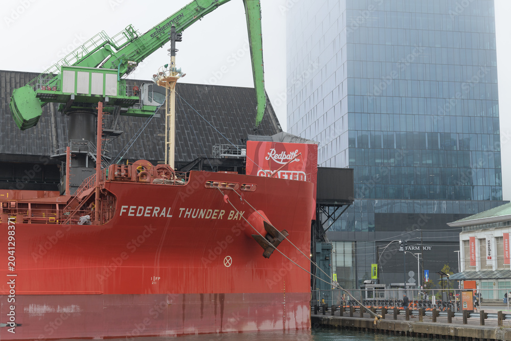 Naklejka premium The Federal Thunder Bay, a modern bulk carrier ship, docked at the Redpath Sugar Refinery in Toronto - bow end