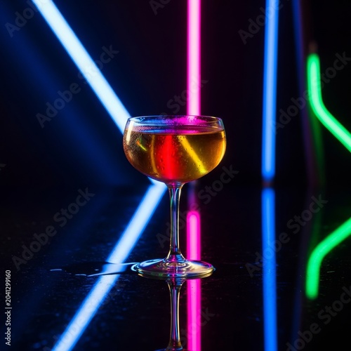 A glowing amber cocktail sits on a reflective surface, illuminated by vibrant neon hues and artistic shadows within a dark, moody setting, aesthetics, still life, contrast
